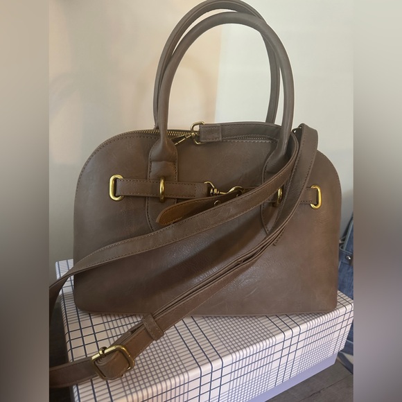 Elegant Taupe Vegan Leather Dome Satchel with Crossbody Strap & Gold Hardware - Picture 2 of 10